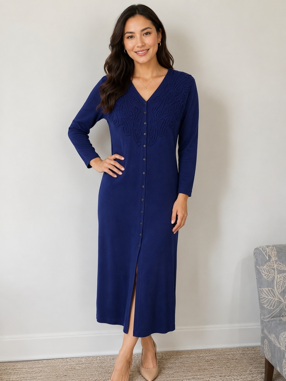 Carole Little Navy V-Neck Button-Front Long Sleeve Maxi Dress
